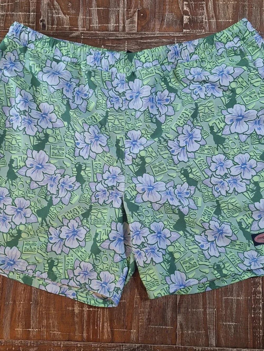 Vineyard Vines Swim Trunks Lined Mens XL Floral Green/Blue Pockets Drawstring